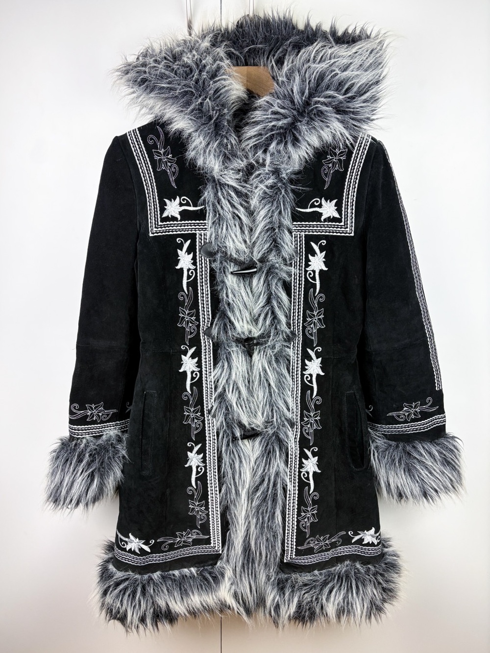 Vintage Penny Lane Suede Leather Embroidered Nordic Hooded Fur Coat Y2K Taunt